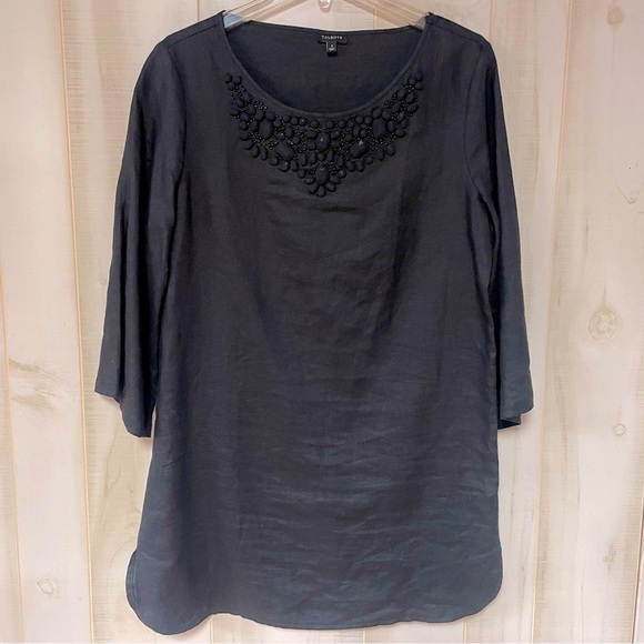 Talbots Dresses & Skirts - Talbots Black Linen Beaded Neckline Long Sleeve Tunic/Dress Sz S